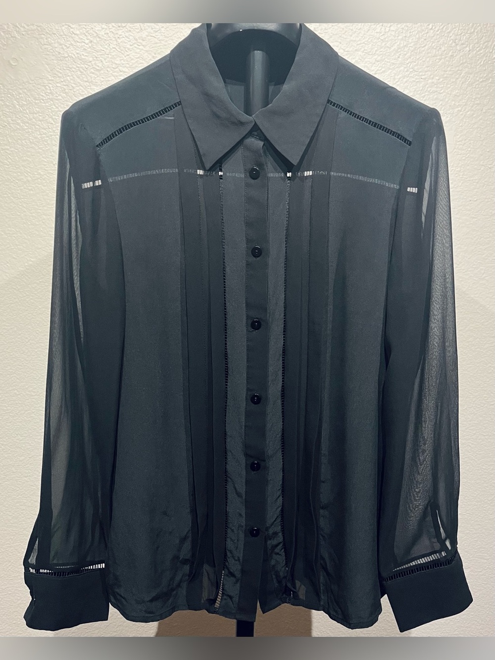Vintage 100% Mulberry Silk Black Sheer Button-Up Blouse - Size L (Women’s)